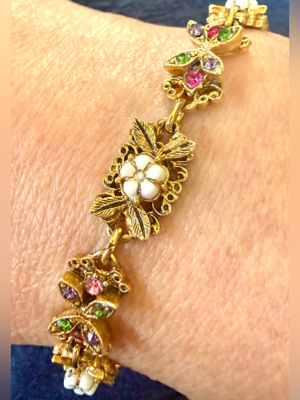 Signed Florenza Vintage 1950s Gold Tone Multicolor Rhinestone & Milk Glass